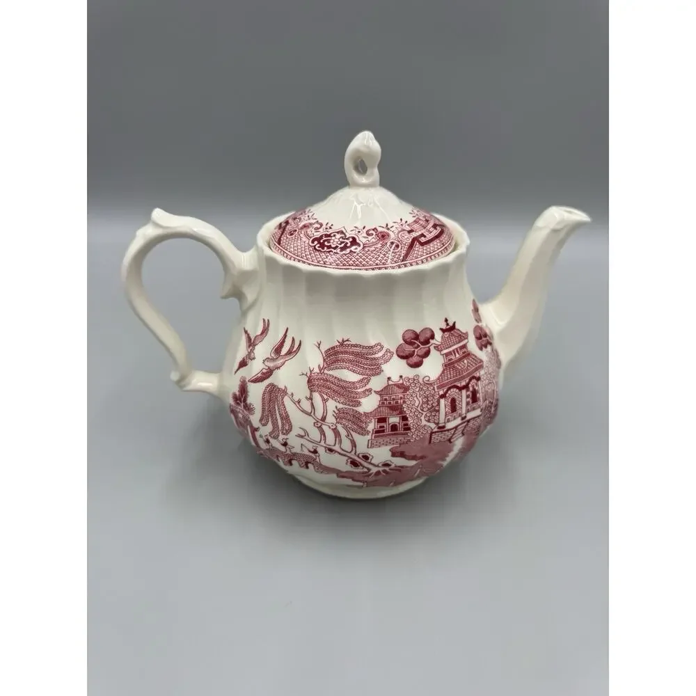 Vintage Royal Wessex Willow Rosa Red White Lidded Teapot Asian Design